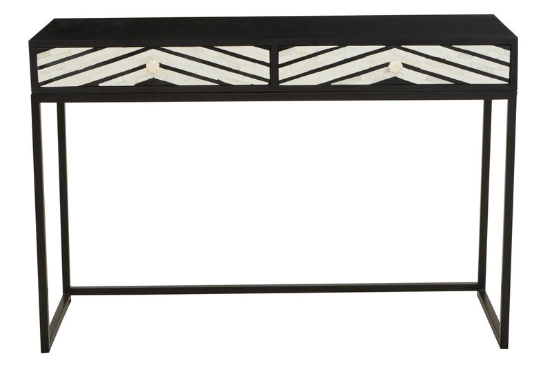 Black 2-drawer console table with white bone inlay chevron top and drawer fronts, front view