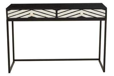 Black 2-drawer console table with white bone inlay chevron top and drawer fronts, front view