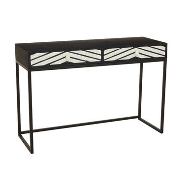 Bone inlay chevron console table shown at an angle showing the 40cm depth