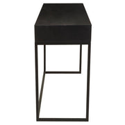 Side profile of the black metal base and MDF carcass of the bone inlay console table