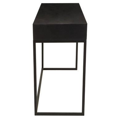 Side profile of the black metal base and MDF carcass of the bone inlay console table