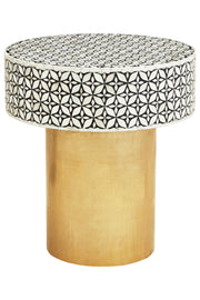 50cm round side table with white bone inlay floral top and gold base, studio shot