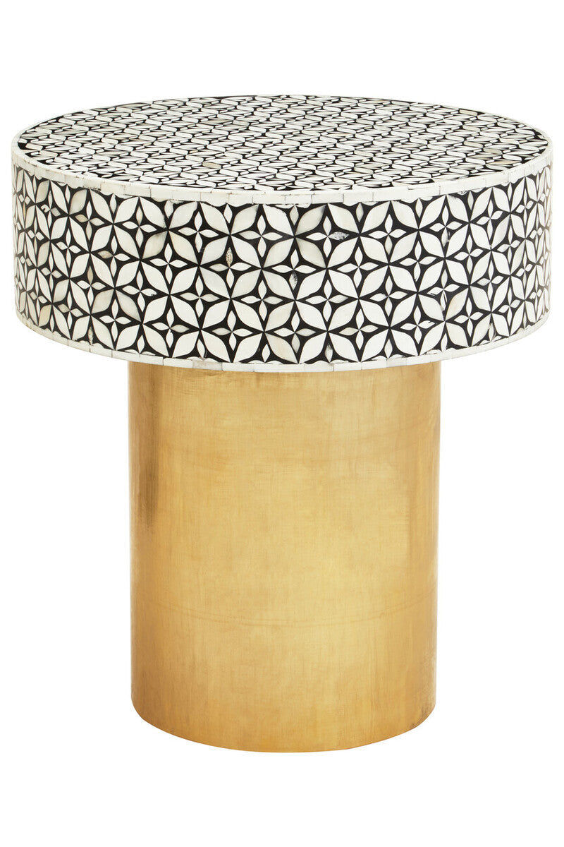 50cm round side table with white bone inlay floral top and gold base, studio shot