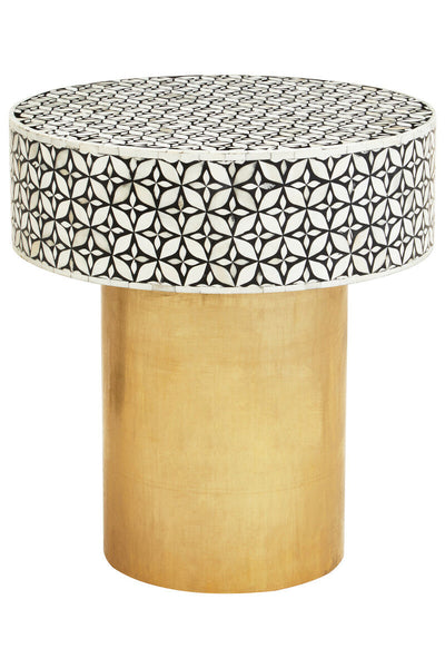 50cm round side table with white bone inlay floral top and gold base, studio shot