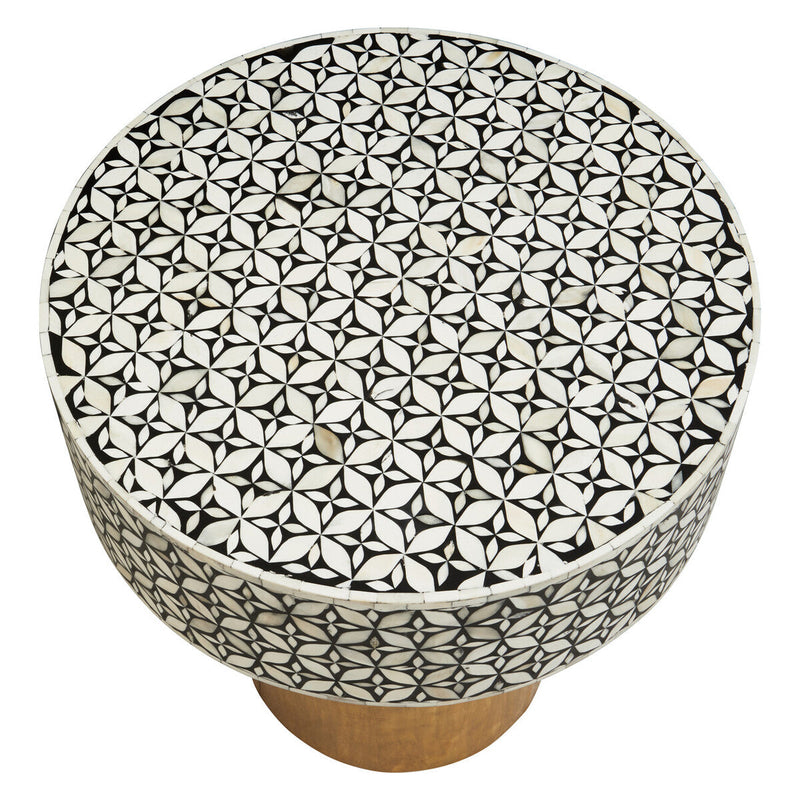 Angled studio view of the round bone inlay side table showing its 55cm height
