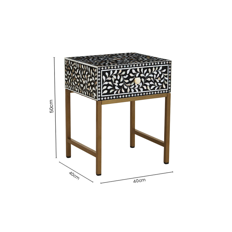 Dimensions diagram for the bone inlay side table, 55cm high by 35cm deep by 40cm wide