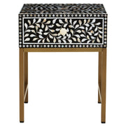 Black and white bone inlay 1 drawer side table on a plain background