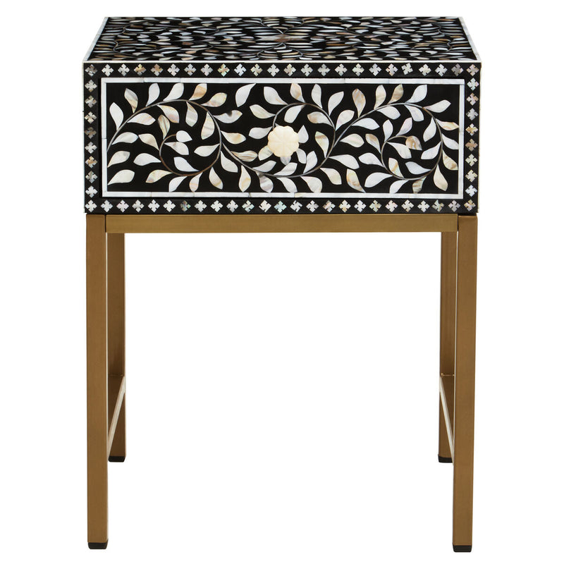 Black and white bone inlay 1 drawer side table on a plain background