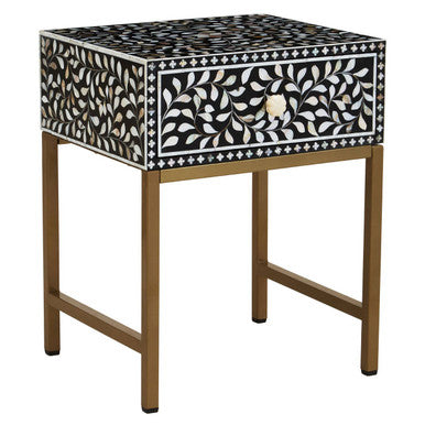 Side view of the black bone inlay side table showing the gold finish iron frame