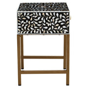 Angled view of the bone inlay side table with the drawer closed