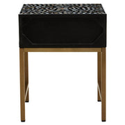 Bone inlay side table with the single drawer open showing storage space
