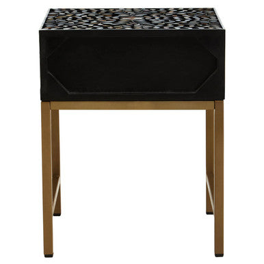 Bone inlay side table with the single drawer open showing storage space