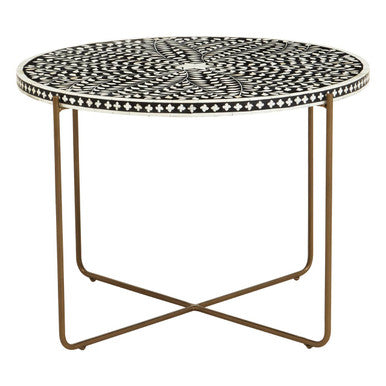 70cm round bone inlay coffee table with gold cross base, studio front view