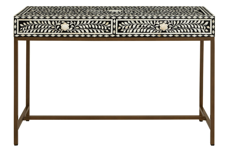 110cm two-drawer console table with white bone inlay floral top and gold metal legs
