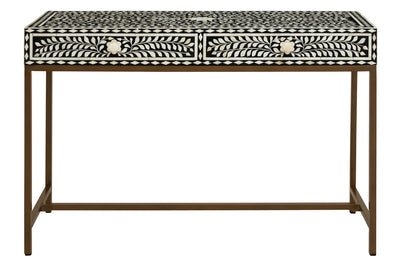 110cm two-drawer console table with white bone inlay floral top and gold metal legs