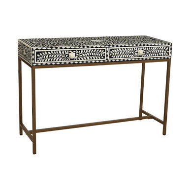 Angled studio view of the bone inlay console showing its 40cm depth