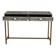Front studio shot of the black console table with two inlaid drawer fronts