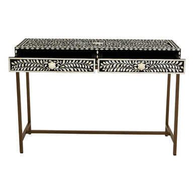 Front studio shot of the black console table with two inlaid drawer fronts