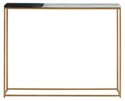 Narrow black and white marble console table with slim black and gold metal frame on a plain background