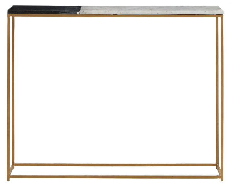 Narrow black and white marble console table with slim black and gold metal frame on a plain background