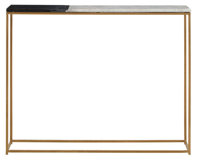 Narrow black and white marble console table with slim black and gold metal frame on a plain background