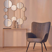 Marble console table shown in situ against a feature wall with decor accessories
