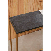 Angled living room shot showing the shallow 21cm depth of the marble console table