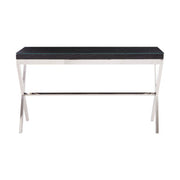 Angled studio view of the 140cm console table showing the crossed silver steel legs