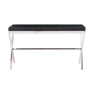 Angled studio view of the 140cm console table showing the crossed silver steel legs