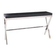 Front view of the black wood console table with clear glass top and silver crossed-leg frame