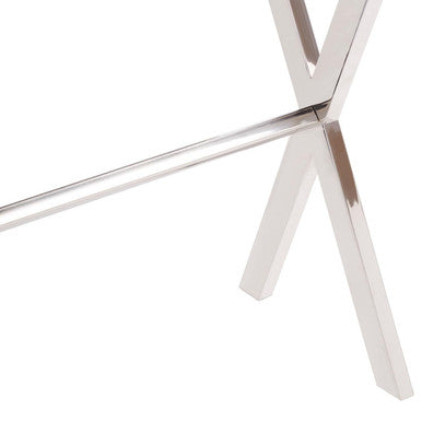 Close-up of the polished silver stainless steel leg where the crossed uprights meet