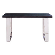Black wood and glass 140cm console table shown at an angle on a plain background