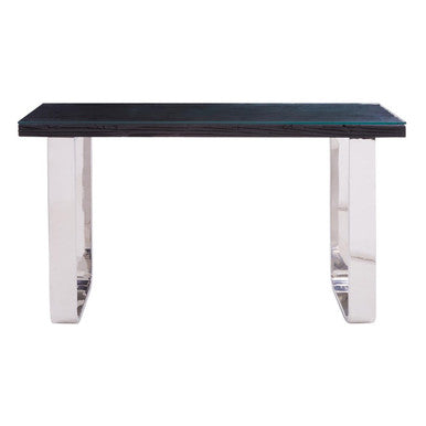 Black wood and glass 140cm console table shown at an angle on a plain background