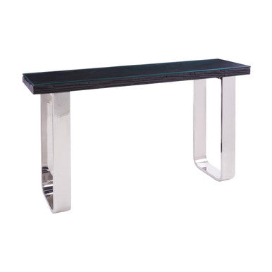 Front view of the black and silver 140cm console table on a plain background