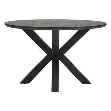 Black wood veneer round dining table, full view studio shot
