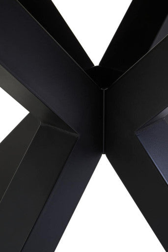 Close-up of the base foot detail on the black wood veneer dining table