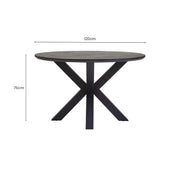 Dimensions diagram of the black wood veneer round dining table, 120cm diameter by 75cm height