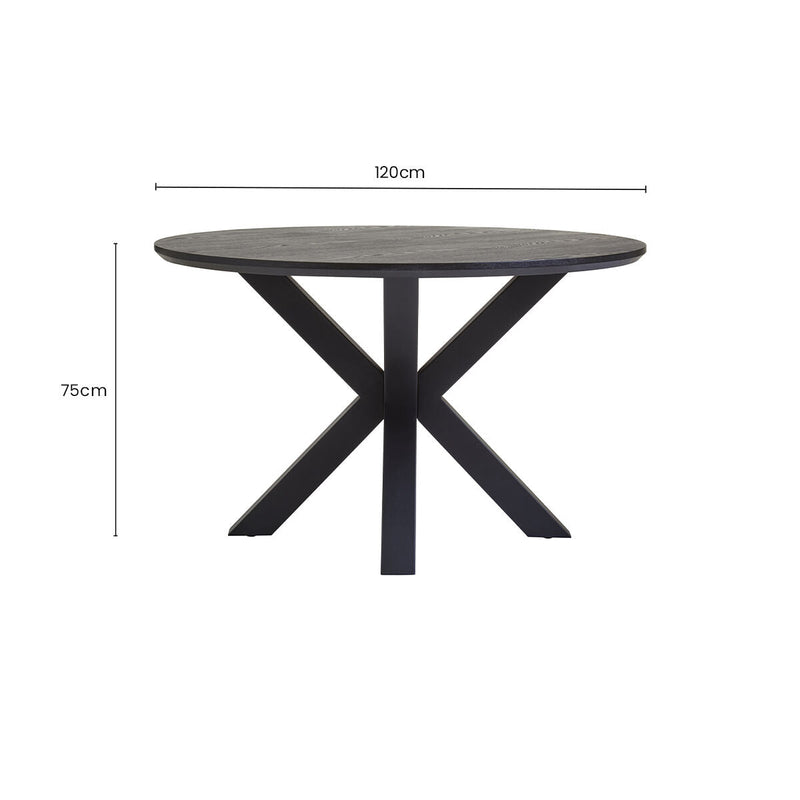 Dimensions diagram of the black wood veneer round dining table, 120cm diameter by 75cm height
