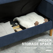 Storage compartment open under the seat, showing a blanket and books tucked inside