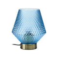 Blue embossed glass table lamp with gold ring base