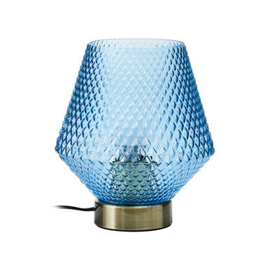 Blue embossed glass table lamp with gold ring base