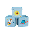 Three blue fabric cube storage bins with sun, rocket and planet designs