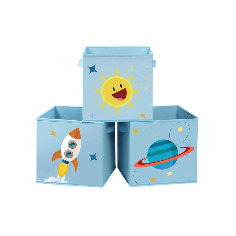 Three blue fabric cube storage bins with sun, rocket and planet designs
