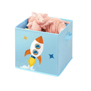 Rocket design cube bin filled with a pink soft toy pig