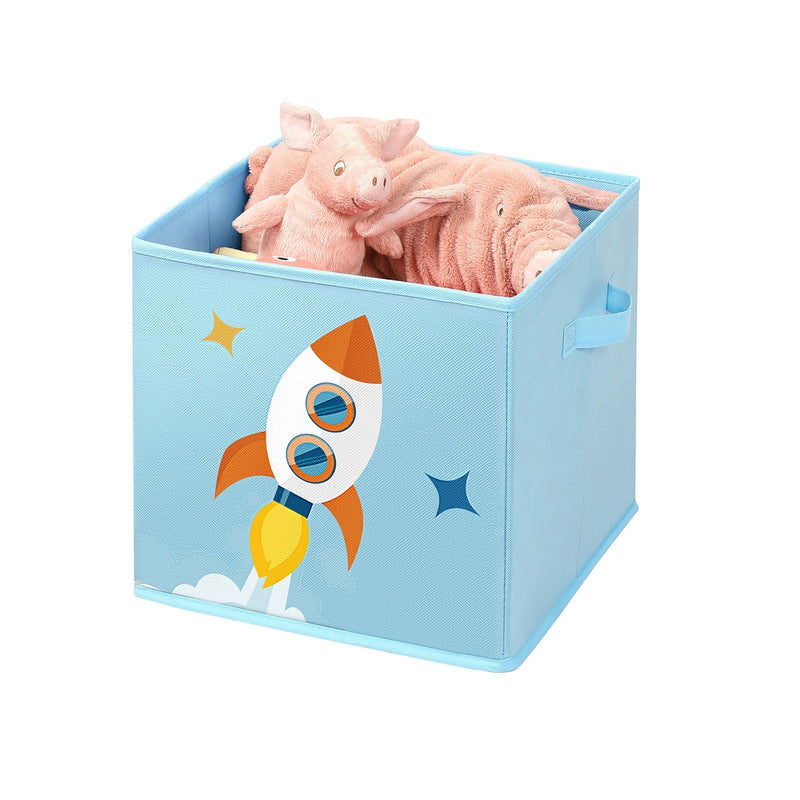 Rocket design cube bin filled with a pink soft toy pig