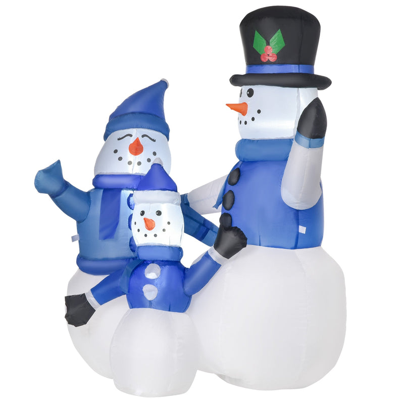 Inflatable snowman family from a slight angle on a white background