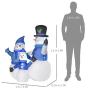 Dimensions diagram of the inflatable snowman family: 120 cm high, 100 cm wide, 55 cm deep