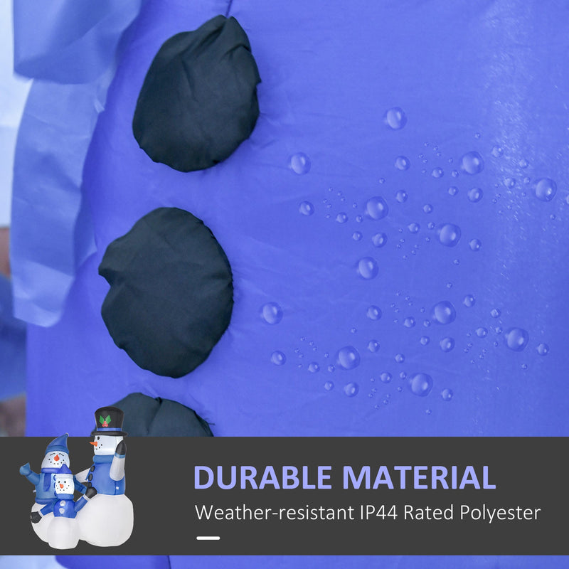Close-up of blue snowman jacket fabric with water droplets and durable IP44 polyester label