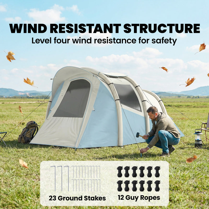 Inflatable Camping Tent for 2 to 3 People with Fast 5 Minute Setup and Two Rooms Light Blue