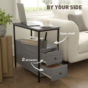Narrow Grey Wood Bedside Table with 2 Drawers and Shelf for Small Spaces